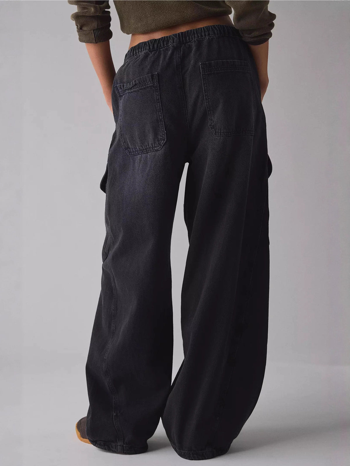 Women's relaxed fit utility denim cargo jeans with drawstring waist from Plush Fashion Hub, showcasing their casual and comfortable style.
