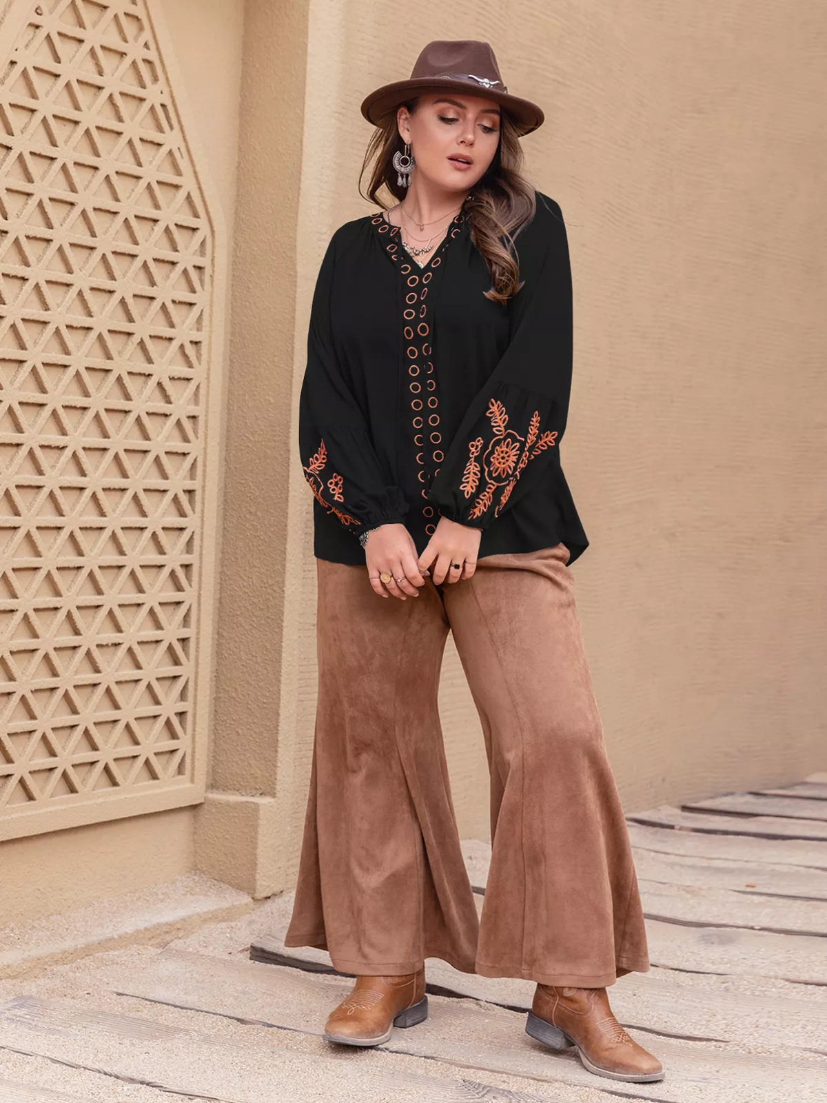 Plus size boho embroidered long sleeve blouse by Simply Love, featuring colorful embroidery and relaxed fit.