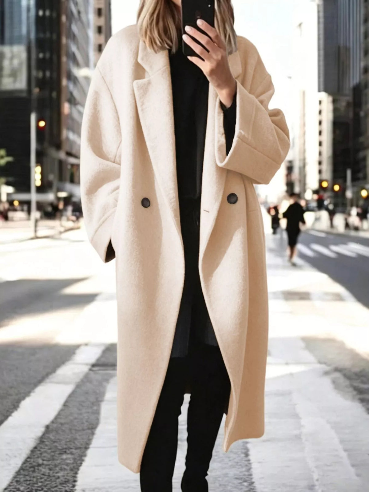Plus size longline wool blend coat with lapel collar, casualwear by Trendsi, full size, showing front view and tailored fit.