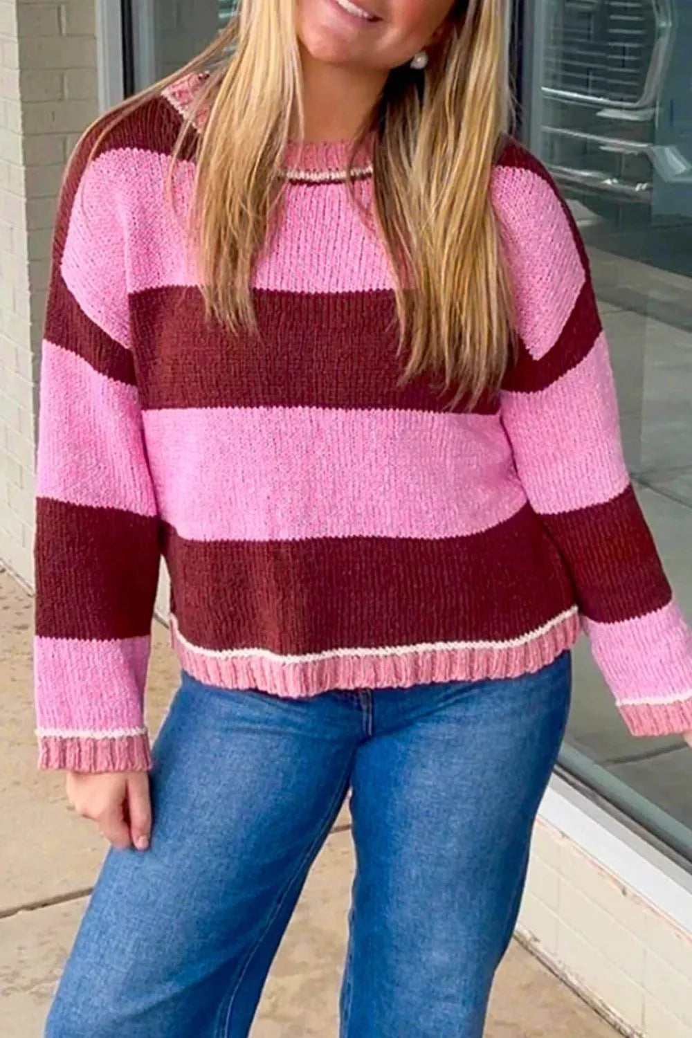 Striped drop shoulder long sleeve knit sweater in regular fit, featuring a cozy, stylish design from Trendsi.