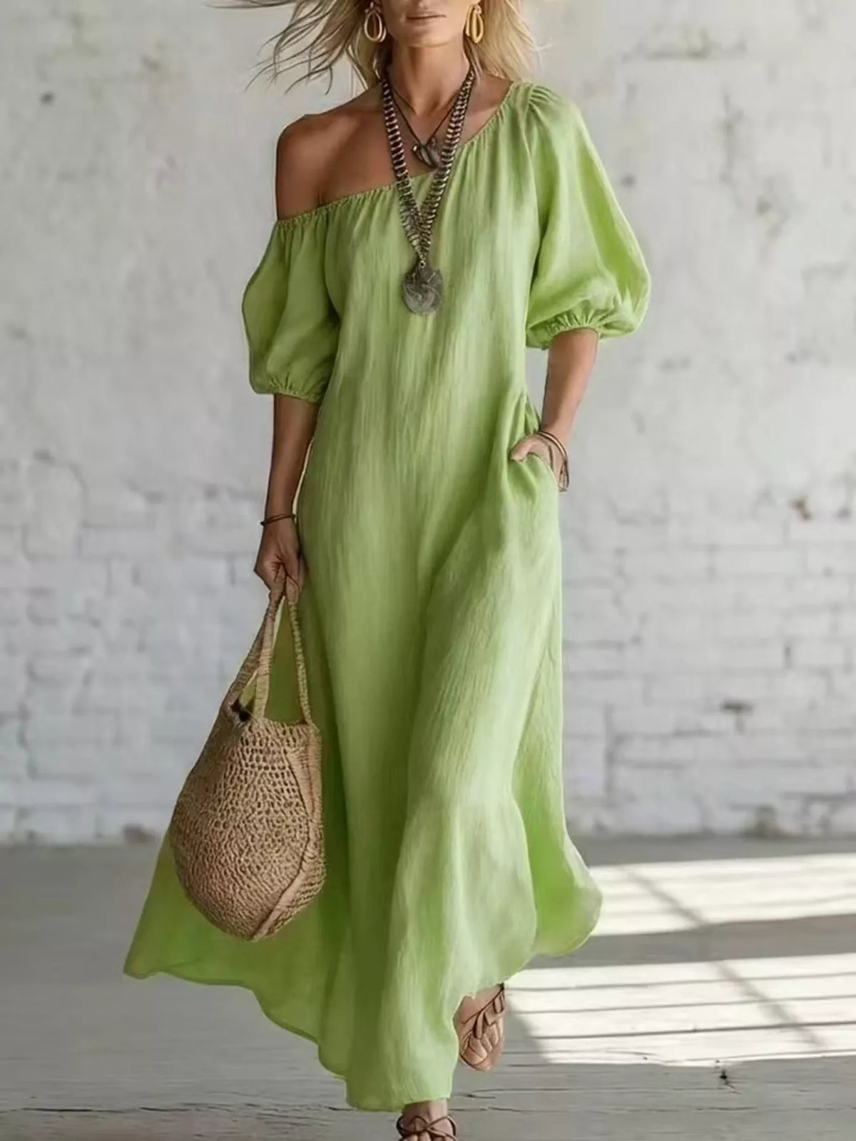 Plush Fashion Hub one-shoulder maxi dress with puff sleeves, flowing fabric, and elegant design perfect for formal occasions.