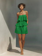 Women’s multi-layer ruffle camisole and shorts casualwear set by FitiqueFit, featuring layered ruffle details and comfortable fit.