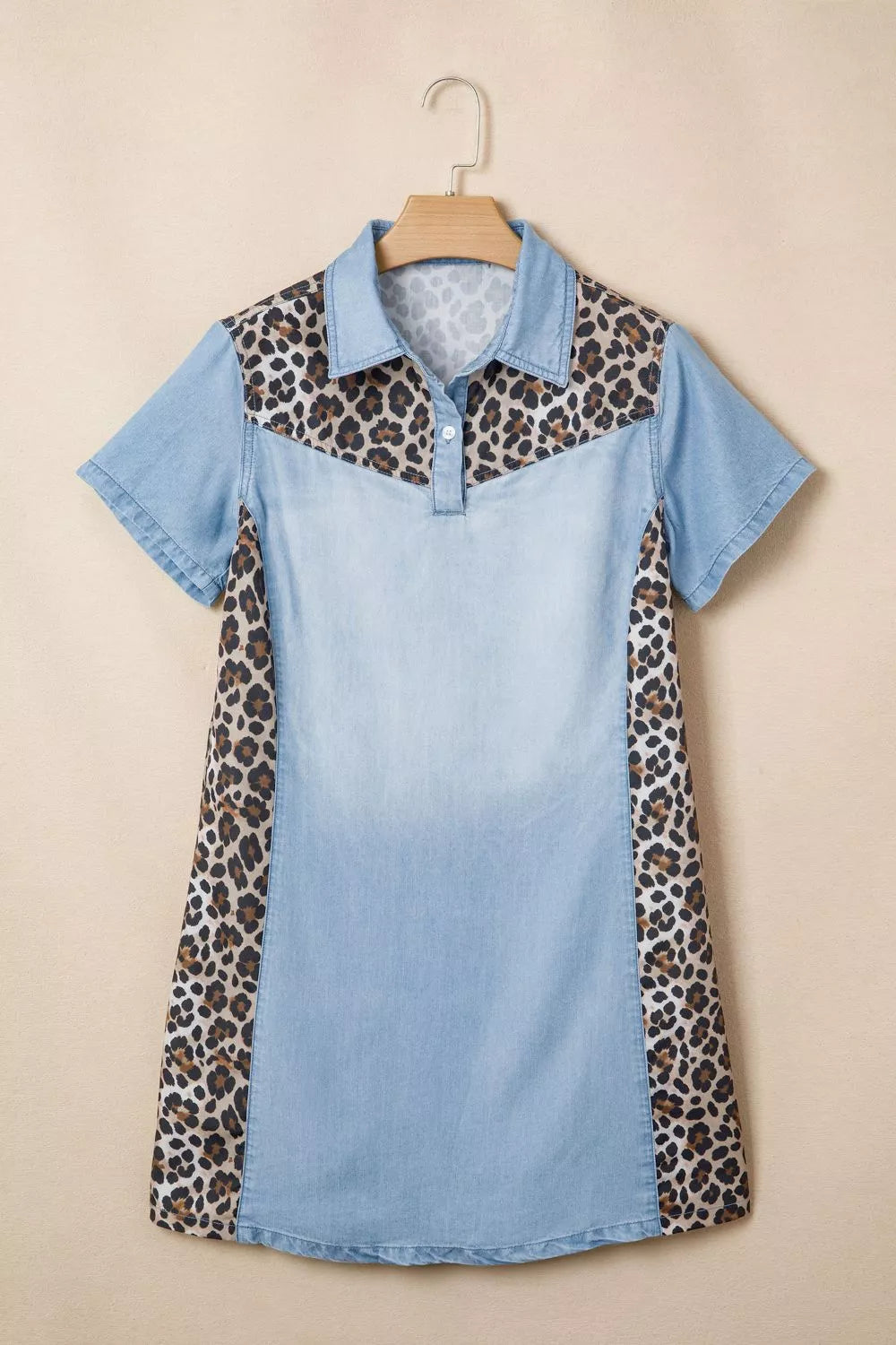 Leopard print panel short sleeve dress by Plush Fashion Hub featuring a stylish, fitted design with bold animal print.