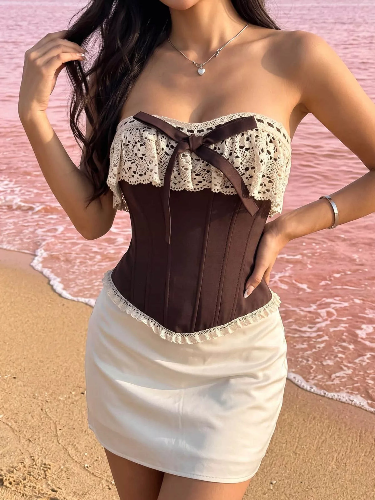 Crochet lace strapless corset by Trendsi, boned waist cincher with lace-up front and tube top design, featuring intricate lace details.