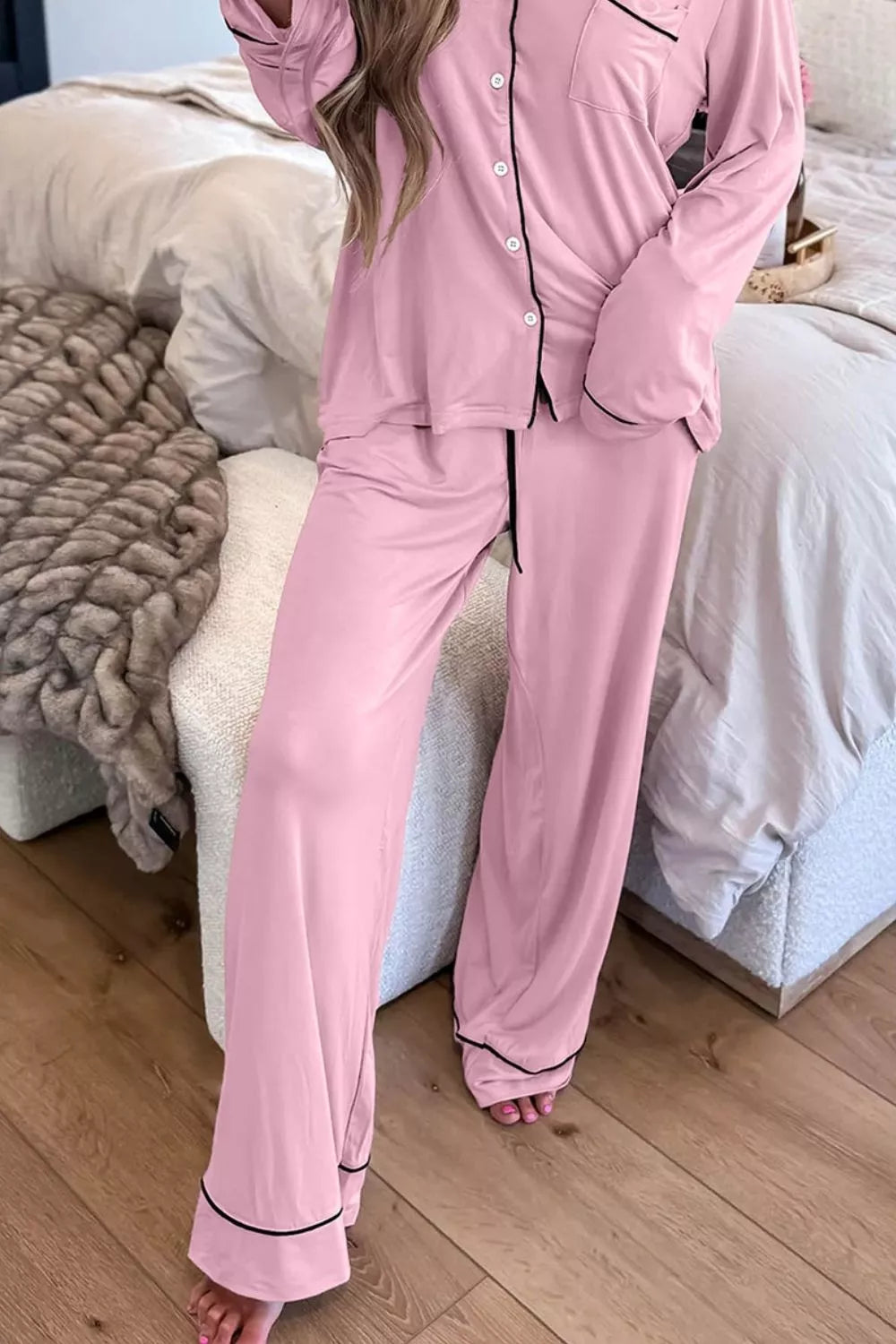 Contrast trim button-up top and pants set by Trendsi, featuring a coordinated look with stylish details and a modern fit.