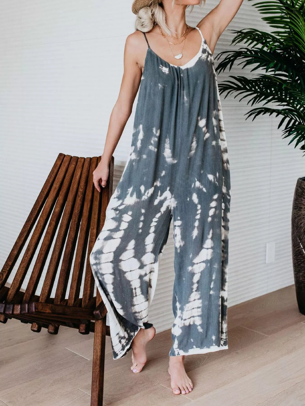 Colorful tie-dye plush fashion hub wide leg jumpsuit in full size, featuring a relaxed fit and stylish design.
