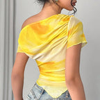 Women’s tie-dye one-shoulder mesh ruched top by FitiqueFit, featuring asymmetrical design and stretch fabric for casual outings.