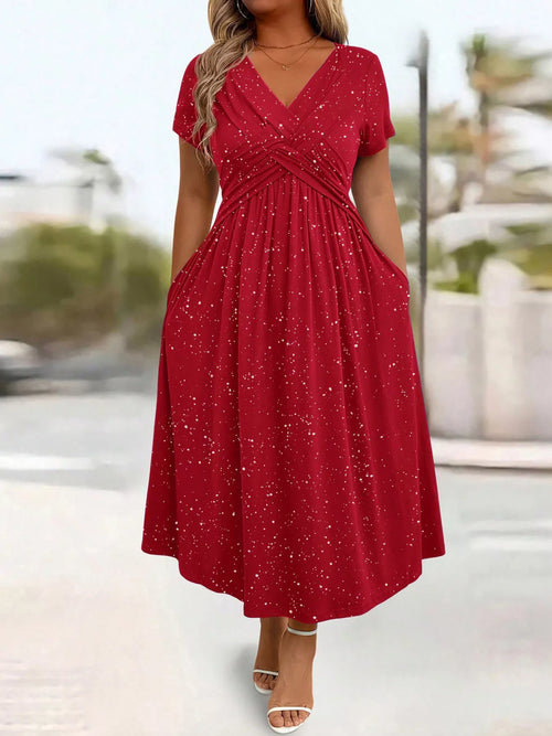 Full size glitter flutter sleeve midi dress from Trendsi, featuring a shiny fabric and flowing silhouette for plus size women.