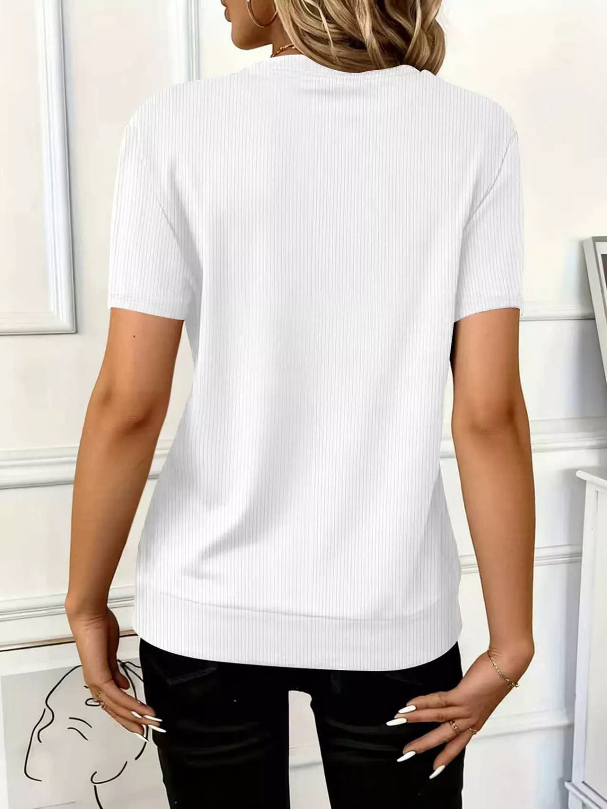 Women’s ribbed short sleeve casual top with half zip from Plush Fashion Hub, featuring a fitted design and ribbed fabric.