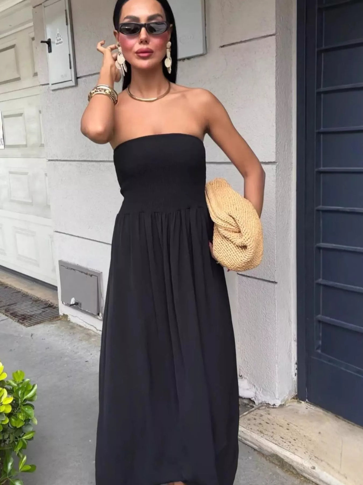 Plush Fashion Hub strapless smocked maxi dress in flowy fabric, featuring a fitted bodice and long skirt for elegant summer wear.