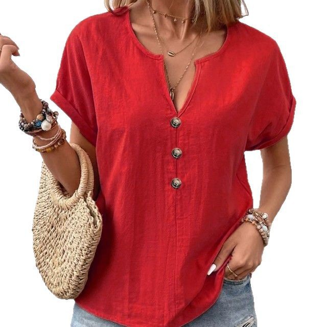 Women's V-neck short-sleeve T-shirt top with buttons from LadyShow.Store, featuring a casual fit and soft fabric in the image.