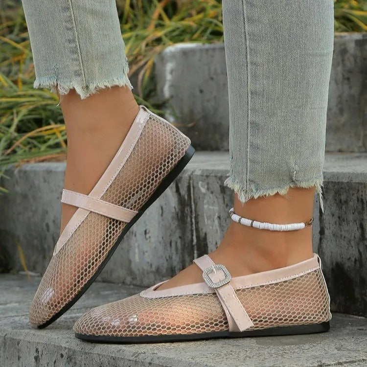 Women's breathable mesh summer sandals with flat round toe design by Plush Fashion Hub, showcasing comfortable open-toe footwear.