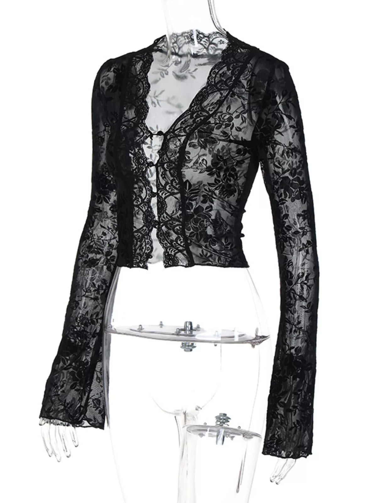 Plush Fashion Hub lace detail long sleeve top with elegant design and intricate lace accents, perfect for stylish casual wear.