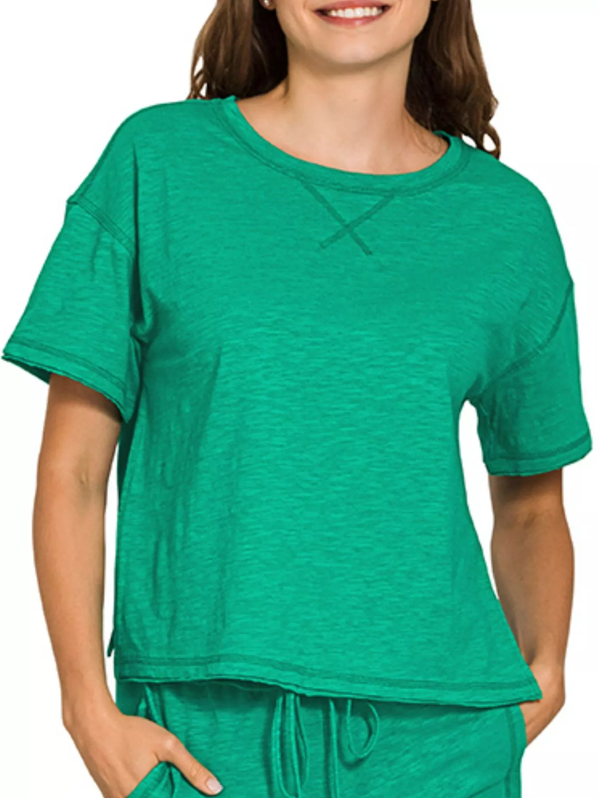 Women’s cotton slub short sleeve tee and pants loungewear set by Plush Fashion Hub, casual and comfortable sleepwear ensemble.