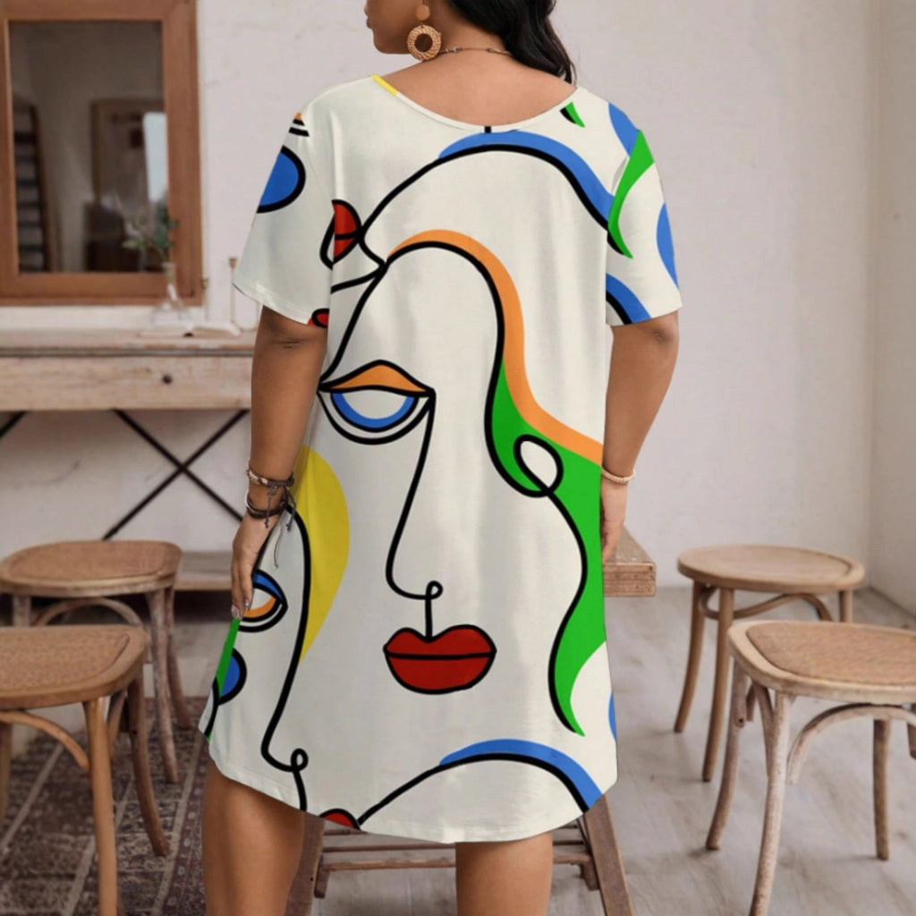 Women’s casual printed round neck short sleeve dress by FitiqueFit, featuring a relaxed fit and vibrant floral pattern.