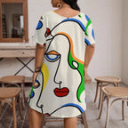 Women’s casual printed round neck short sleeve dress by FitiqueFit, featuring a relaxed fit and vibrant floral pattern.