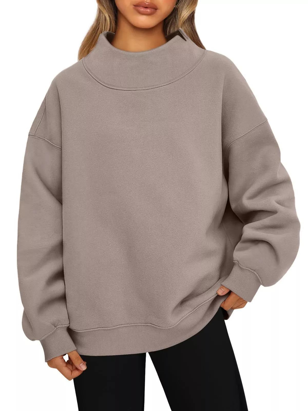 Women's oversized plush fashion hub sweatshirt with mock neck and dropped shoulders, casual pullover top in soft fabric.