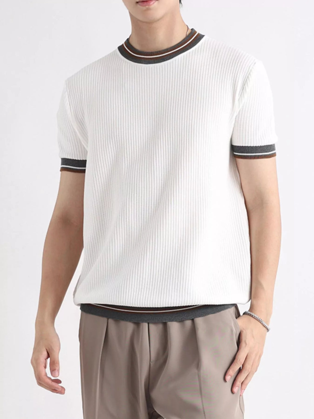 Plus size men's contrast trim short sleeve T-shirt from Plush Fashion Hub, featuring a casual tops design with stylish color accents.