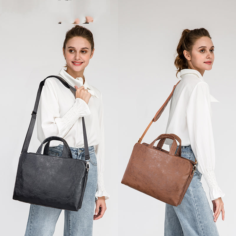 Pi-Mart handheld one shoulder leather briefcase with business notebook compartment, designed for professional use.