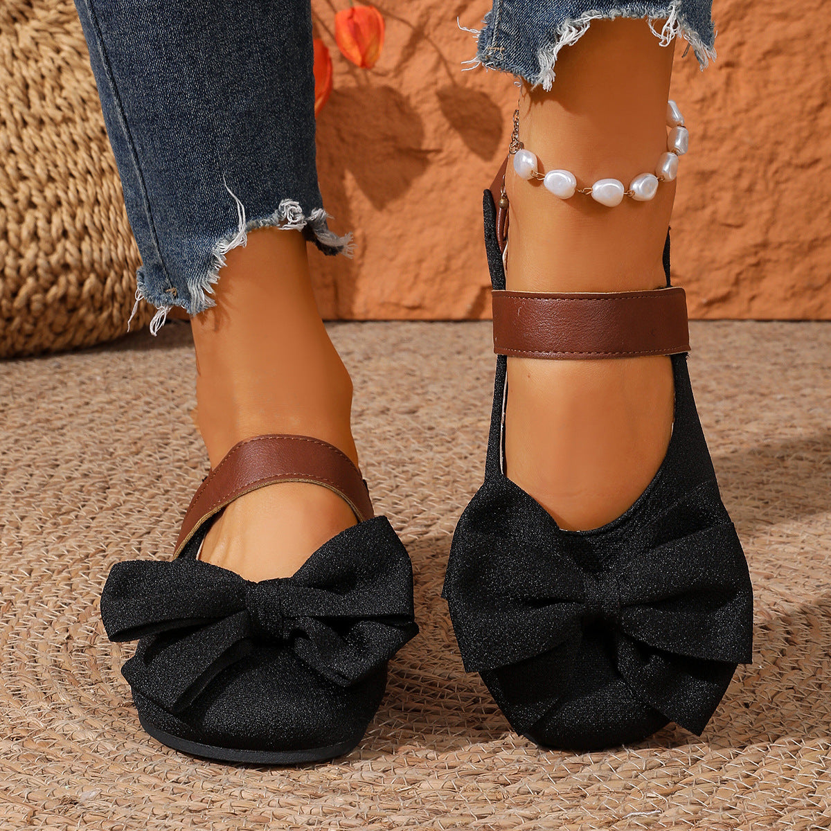 Women's vegan leather slip-on flats with round toe and chic bow from Plush Fashion Hub