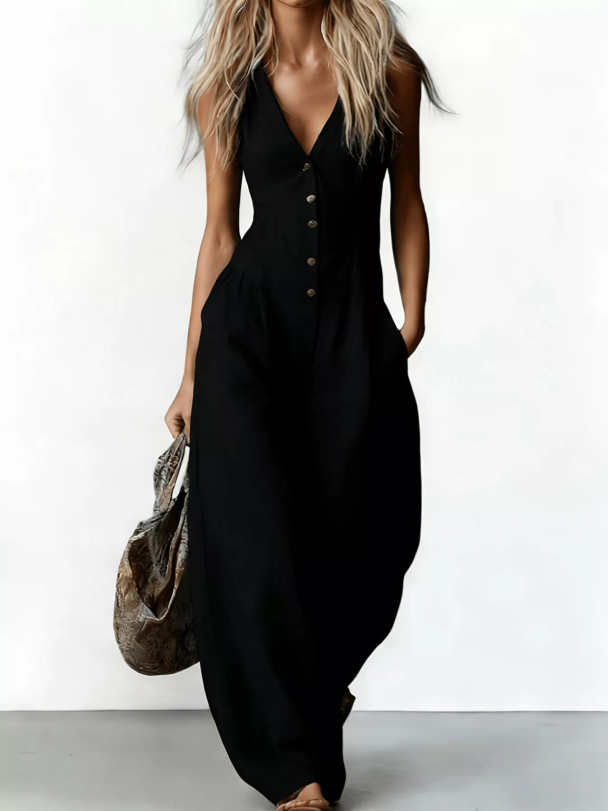 V-neck button-down wide-leg jumpsuit by Plush Fashion Hub, featuring a stylish design and relaxed fit in the image.