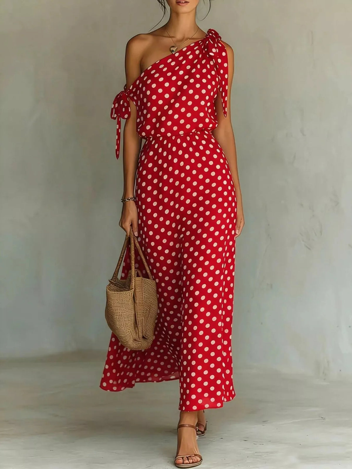Plus size polka dot one-shoulder maxi dress by Plush Fashion Hub, featuring a flowing design and full-length silhouette.