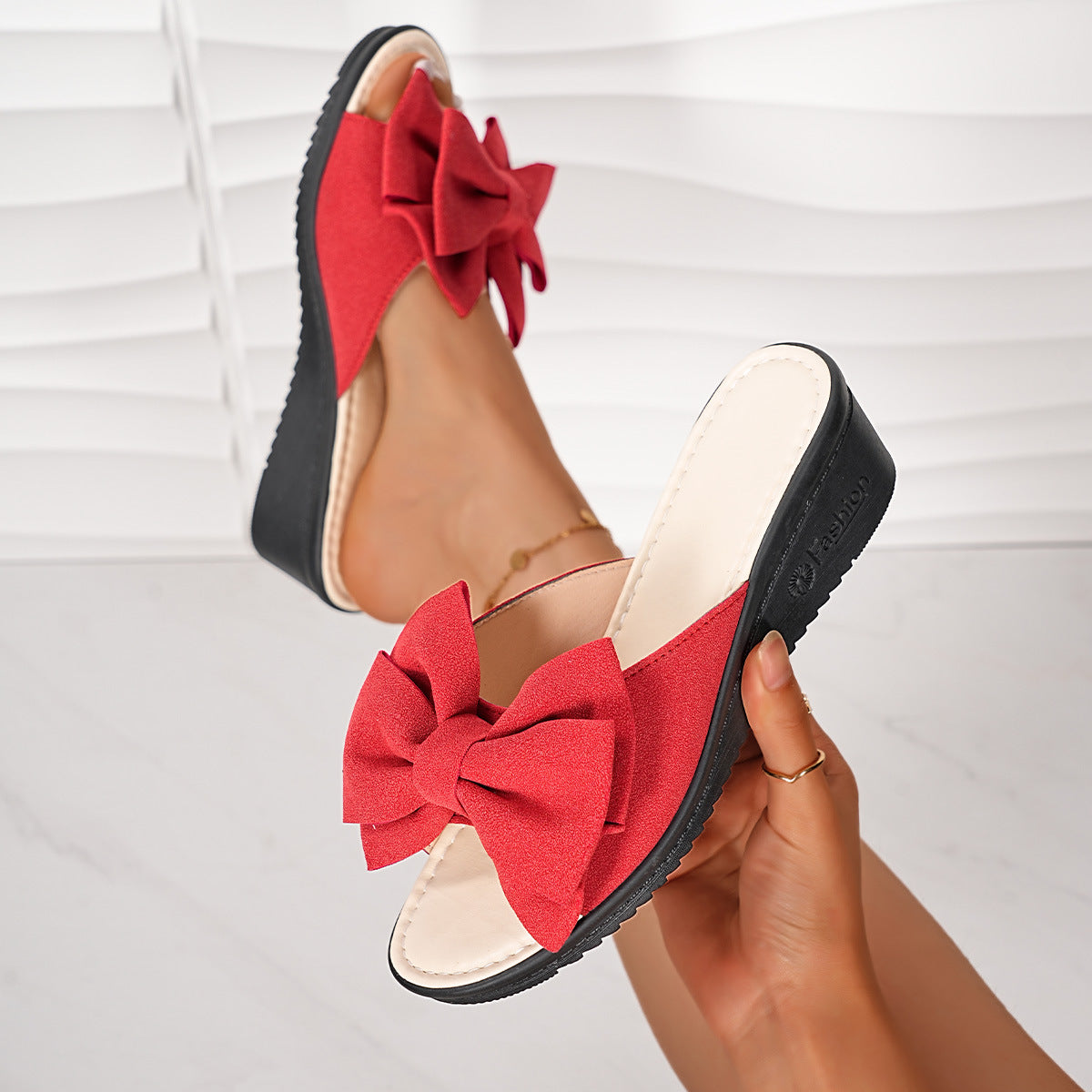 Plush Fashion Hub Bow open toe wedge sandals with ankle straps, featuring a stylish design and comfortable platform heel.