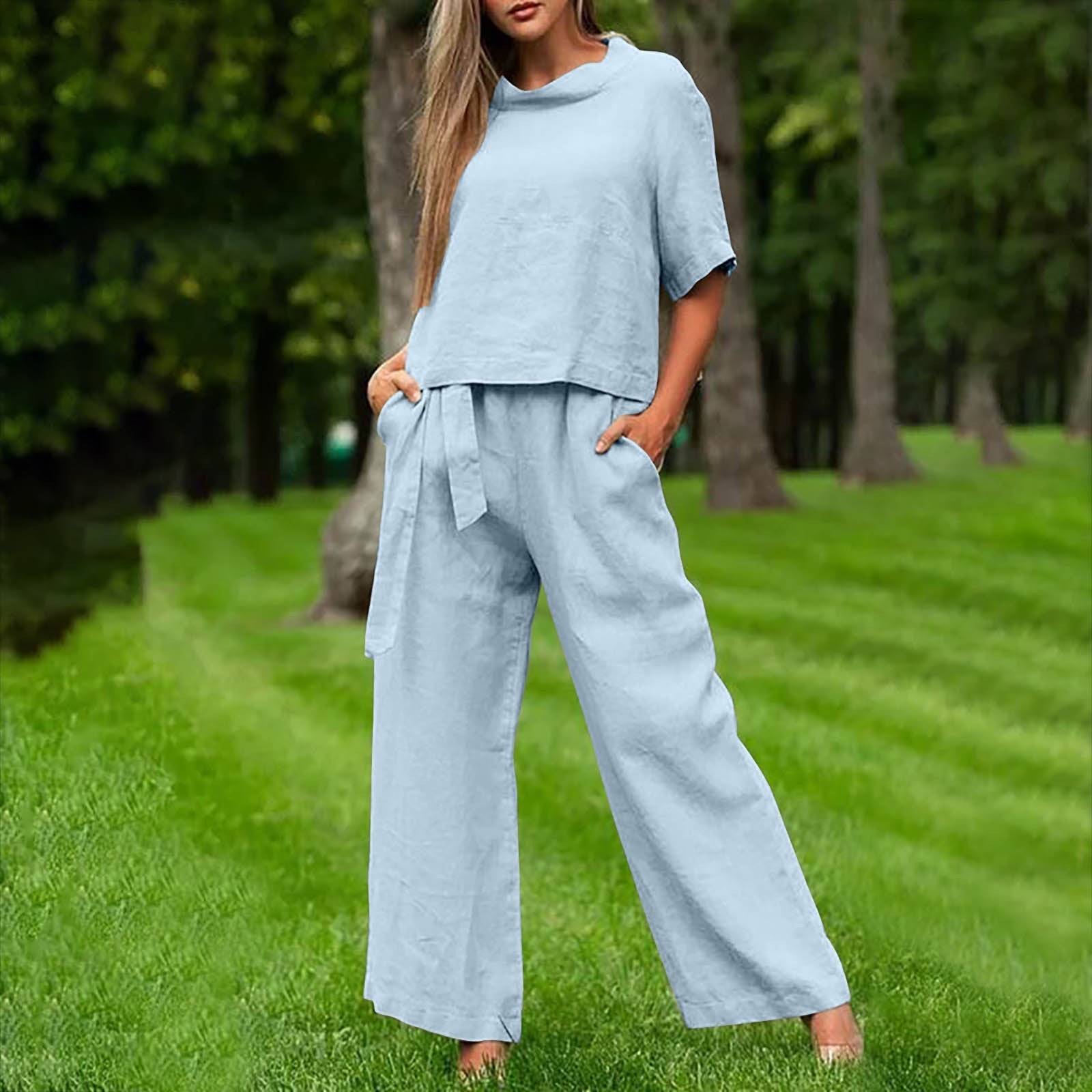 FitiqueFit casualwear two-piece set with round-neck 3/4 sleeve top and matching pants in multiple colors, available in sizes S–XXL.