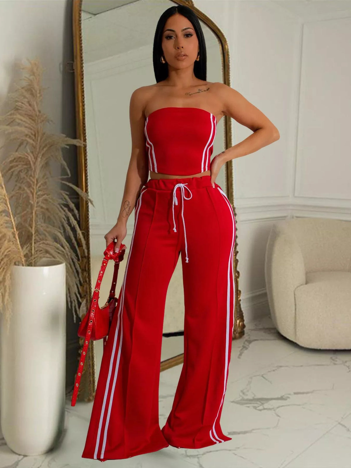 Plush Fashion Hub sleeveless tube top and wide-leg pants set, stylish casual outfit displayed on a model.