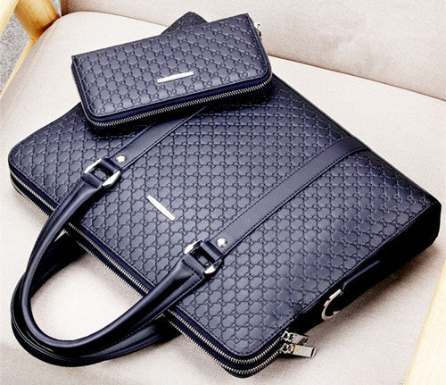 Pi-Mart men's business briefcase showing sleek leather design with handles and a zippered closure for professional use.