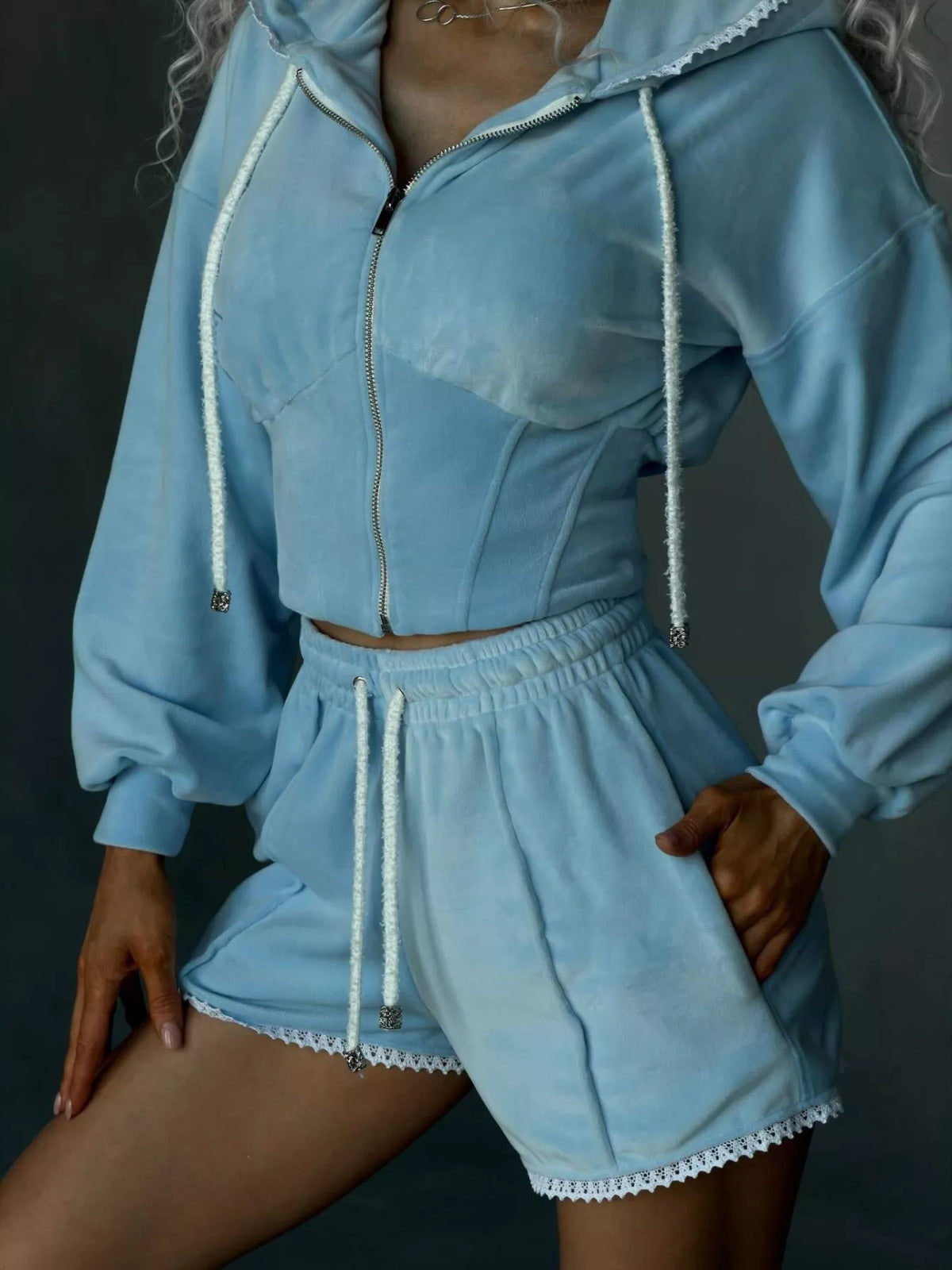 Plush Fashion Hub zip-up hooded outerwear and shorts set, soft plush fabric, casual loungewear for comfort and style