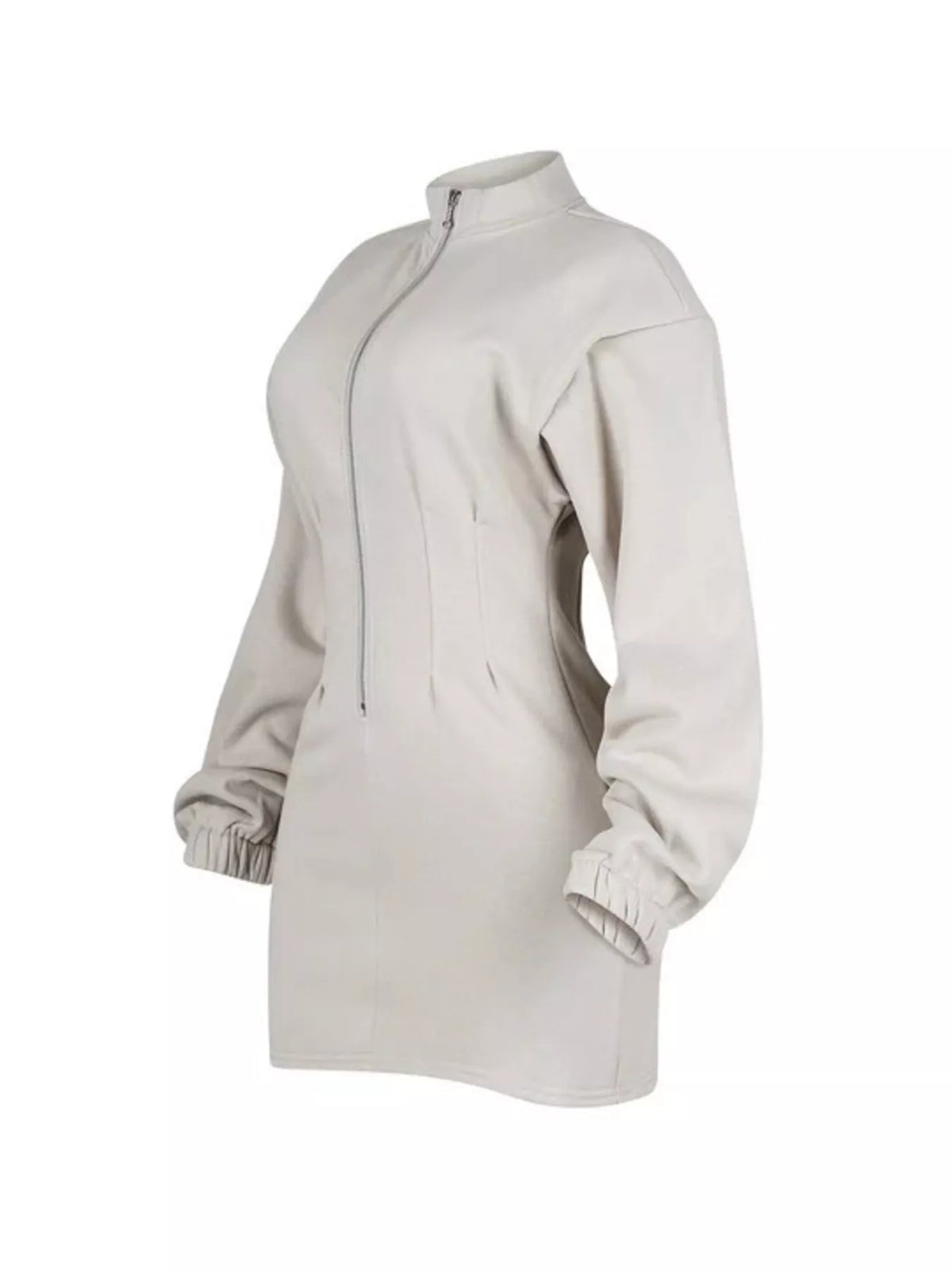 Trendi casual zip-up long sleeve mini dress in a relaxed fit, featuring a front zipper and soft fabric.