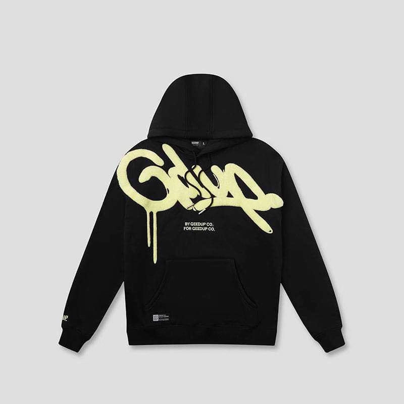 Unisex casual loose hoodie with embroidered letter design in black and gray, from Plush Fashion Hub.