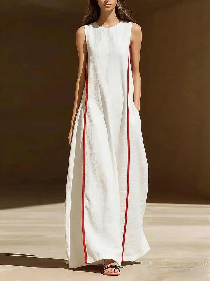 Women's linen sleeveless striped maxi dress by FitiqueFit, casualwear, featuring a loose fit and lightweight fabric perfect for summer.