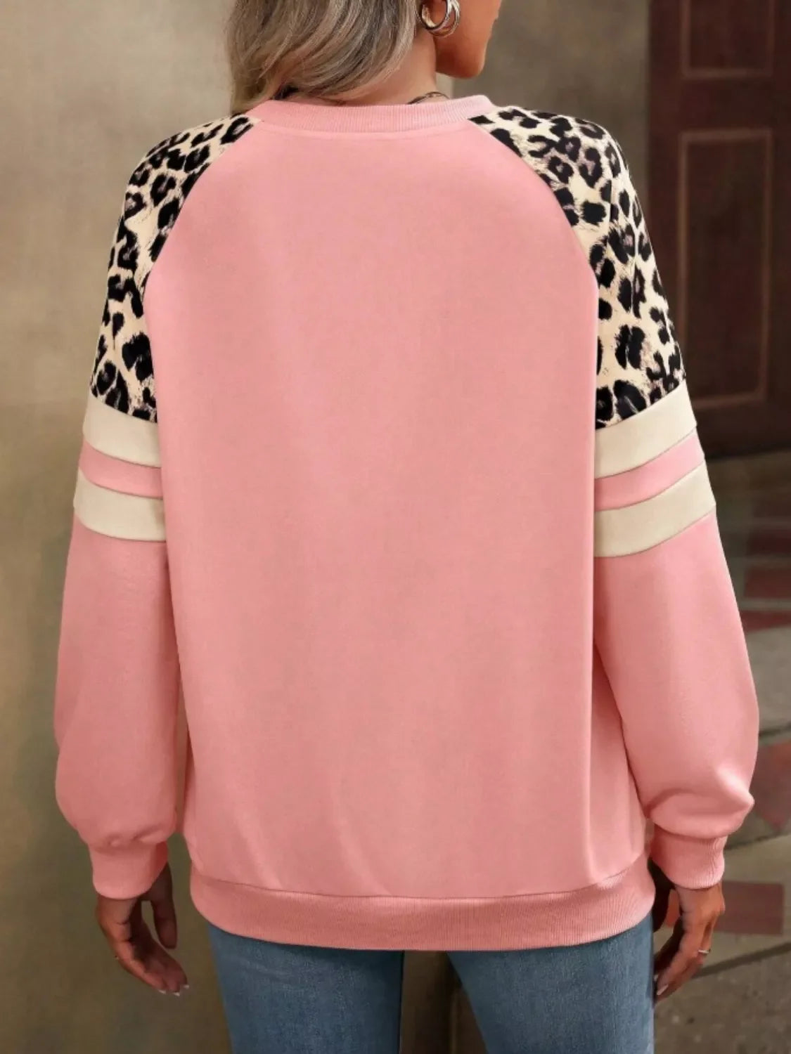 Leopard and striped raglan sleeve sweatshirt by Simply Love, featuring a comfortable fit and stylish mixed animal and stripe pattern.