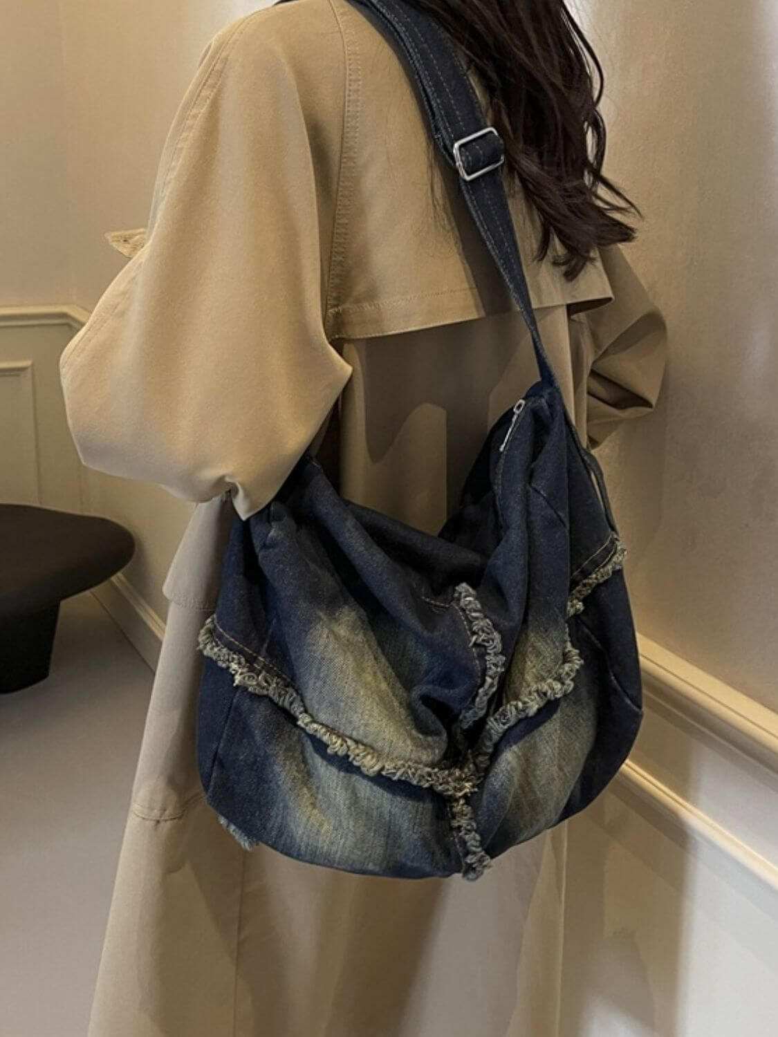 Large Raw Hem Gradient Crossbody Bag for women made of high-quality denim with a spacious interior.