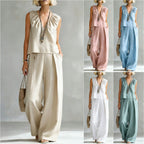 Women's sleeveless cotton-linen shirt and pants set by FitiqueFit, casual urban 2-piece outfit, shown in a relaxed fit and neutral tones.