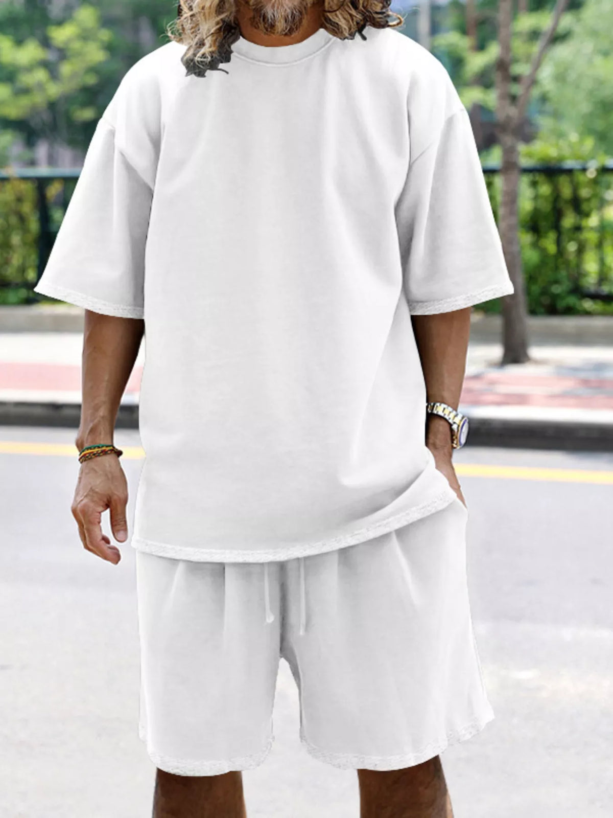 Men's relaxed fit T-shirt and shorts set by Plush Fashion Hub, plus size casual tops and lounge wear in comfortable fabric.