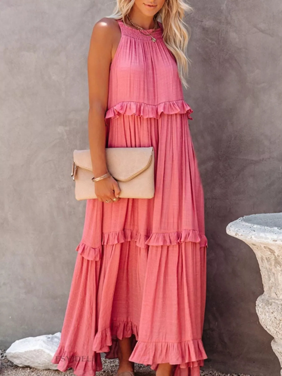 Ruffled tiered sleeveless maxi dress from Plush Fashion Hub featuring flowing fabric and layered design.