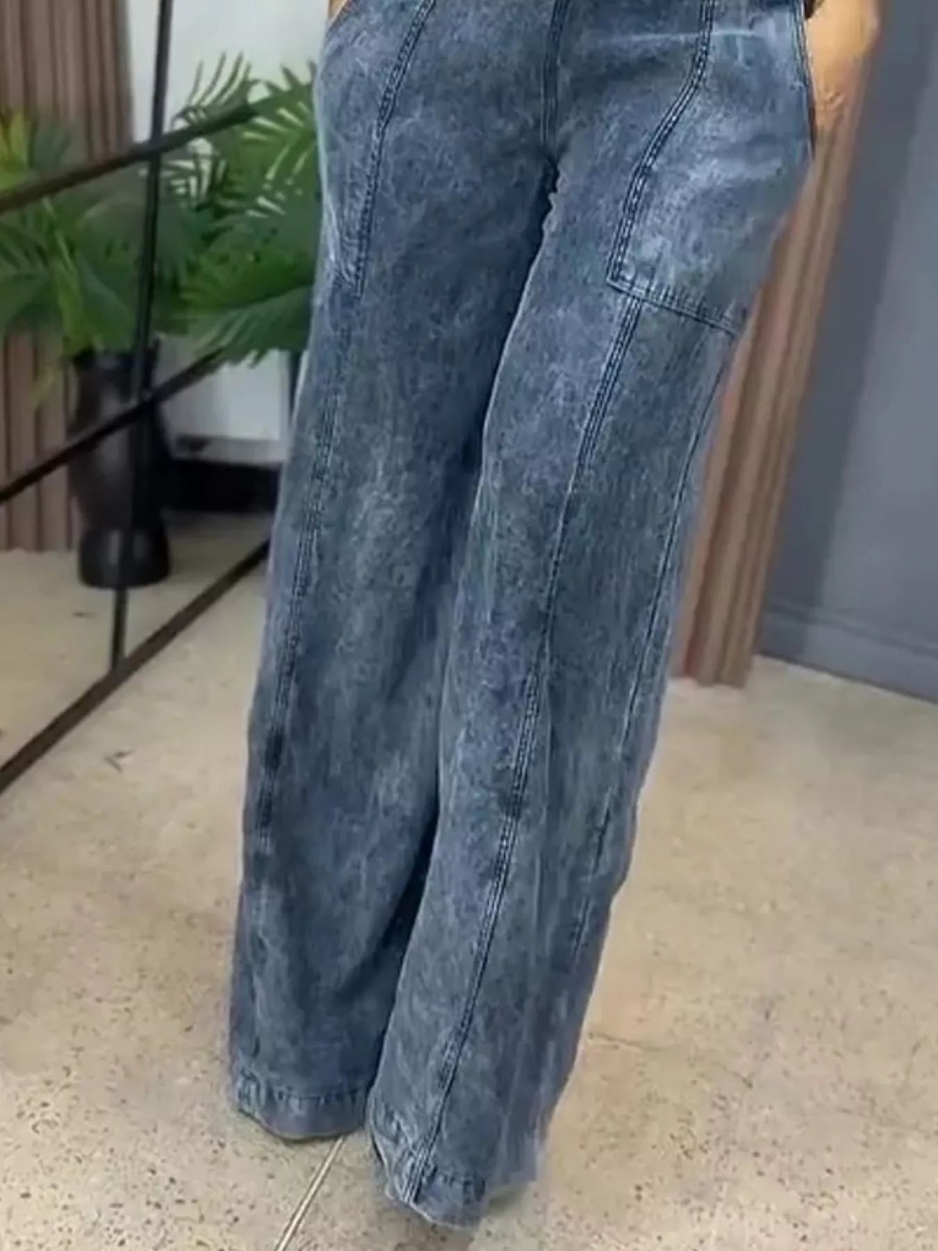 Wide leg denim overalls from Trendsi, full size one-piece jumpsuit with adjustable straps and front pockets, casual and stylish.