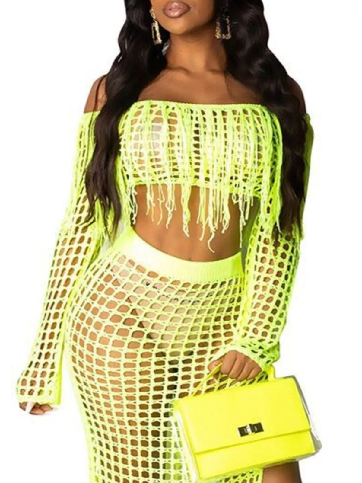 Plus size crochet off-shoulder fringe top and skirt set by Plush Fashion Hub, featuring a stylish matching boho look.