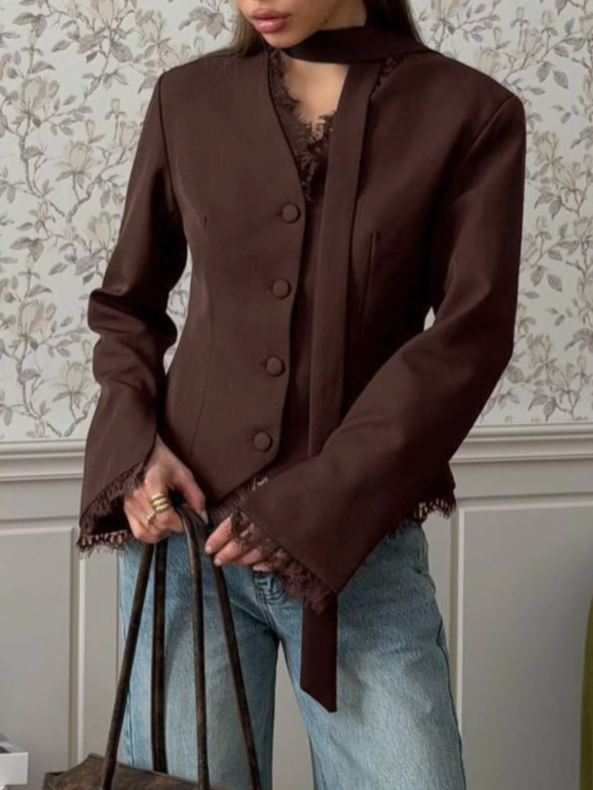 Lace trim button-up blazer from Trendsi featuring a tailored fit with delicate lace details on the collar and cuffs.