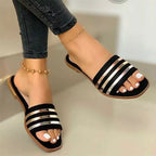 Women's open toe striped flat sandals by Plush Fashion Hub, featuring comfortable PU leather and summer-ready design.