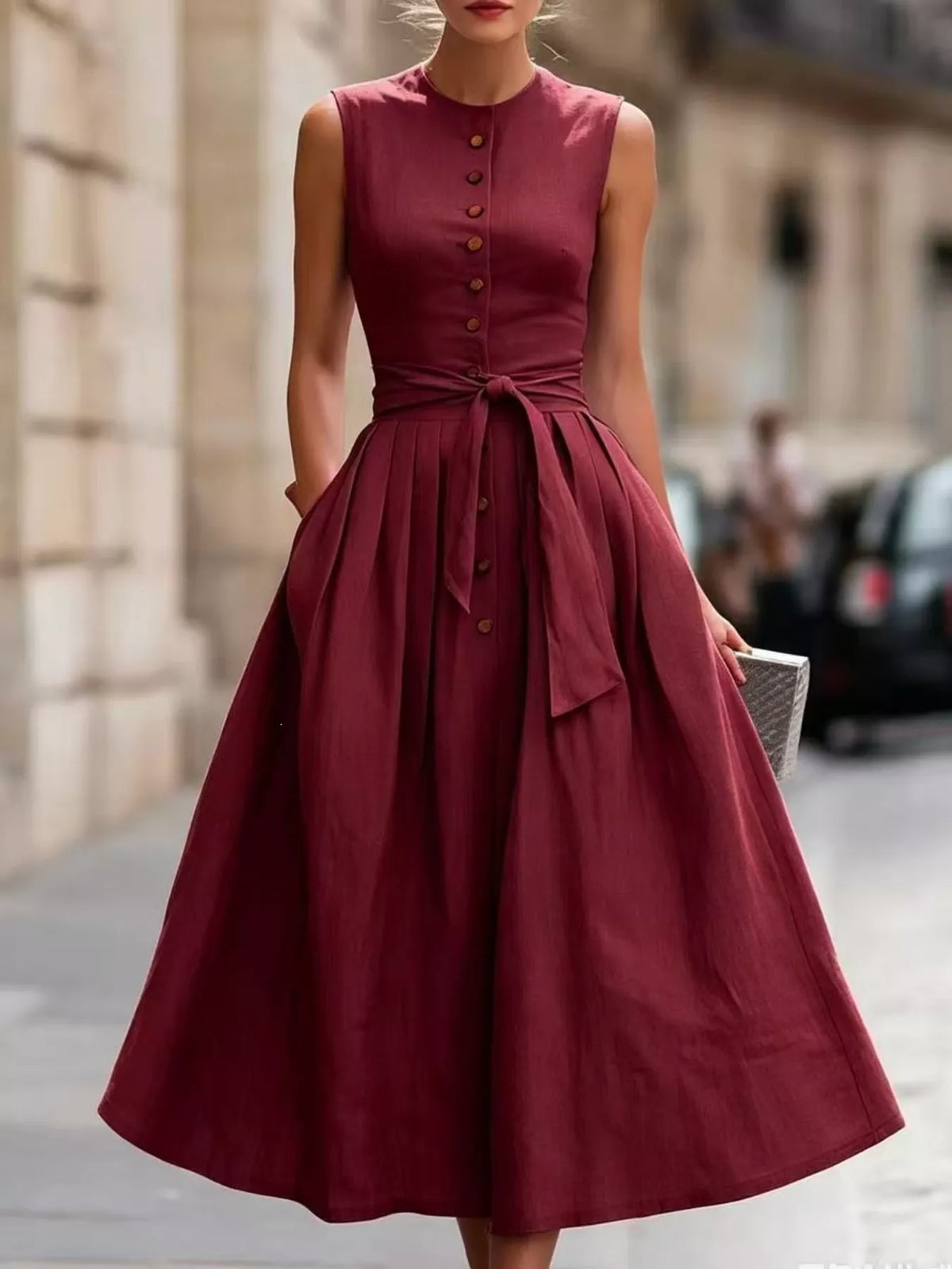 Plus size sleeveless button-front belted midi dress by Trendsi, featuring a stylish full-length design with a fitted waist.