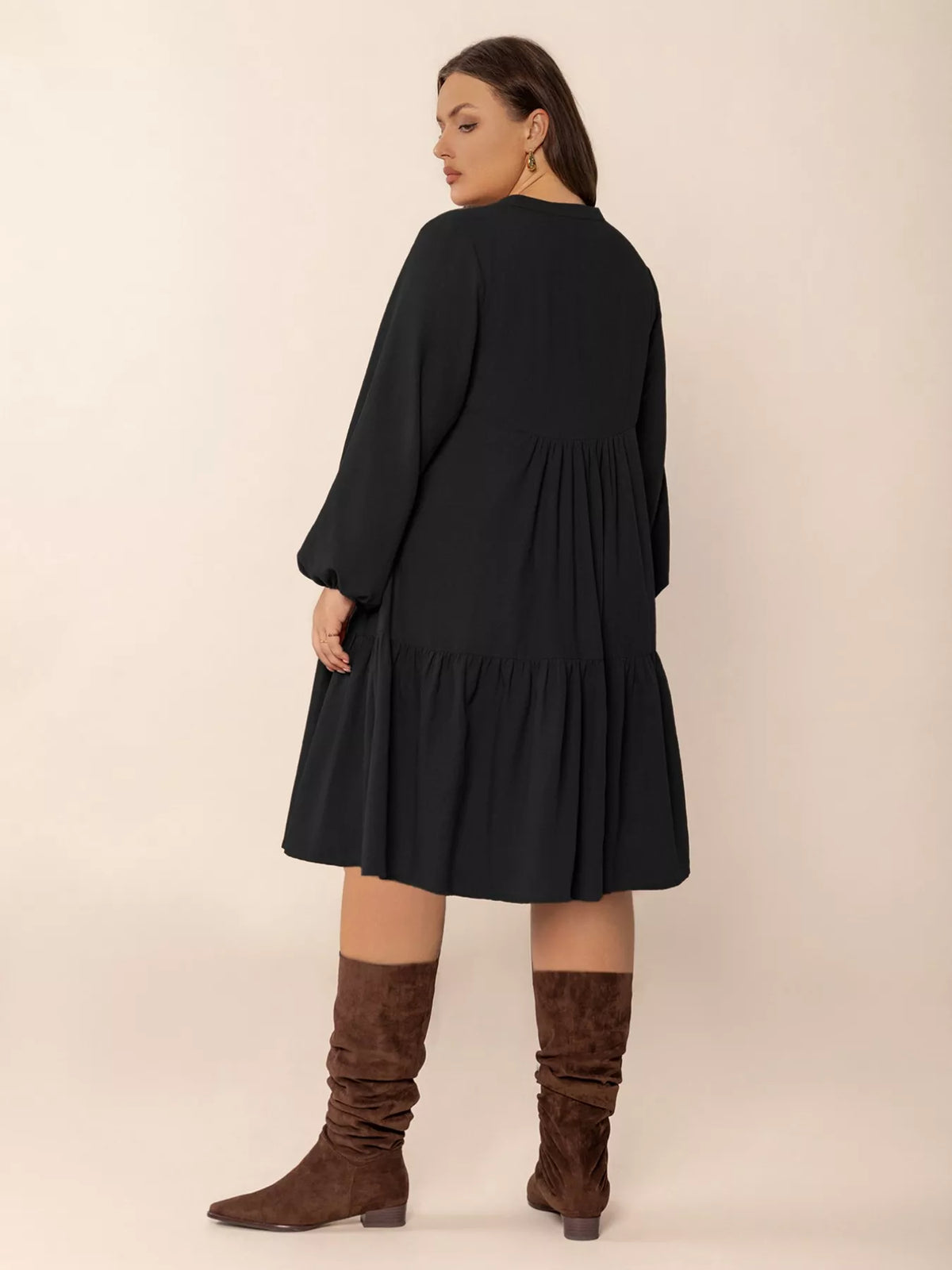 Plus size button front balloon sleeve dress by Plush Fashion Hub, featuring a flattering fit and stylish design.