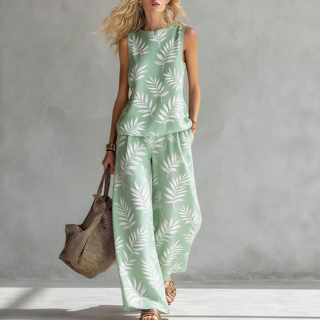 Casual women's sleeveless printed tank top and wide-leg pants two-piece set by Plush Fashion Hub, featuring a stylish, comfortable design.