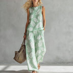Casual women's sleeveless printed tank top and wide-leg pants two-piece set by Plush Fashion Hub, featuring a stylish, comfortable design.