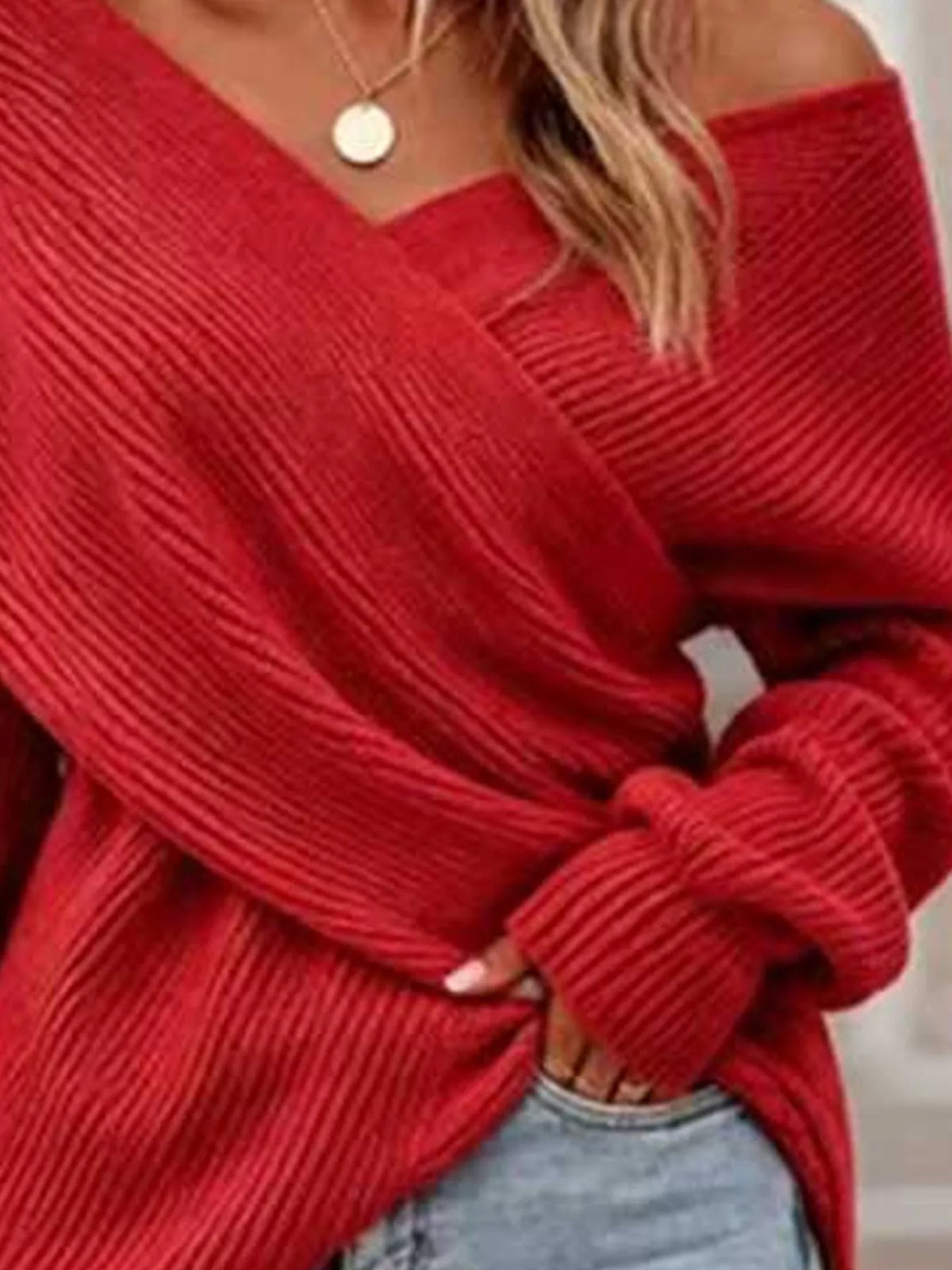 Crisscross ribbed knit long sleeve sweater in neutral tones, stylish and cozy, from Trendsi.