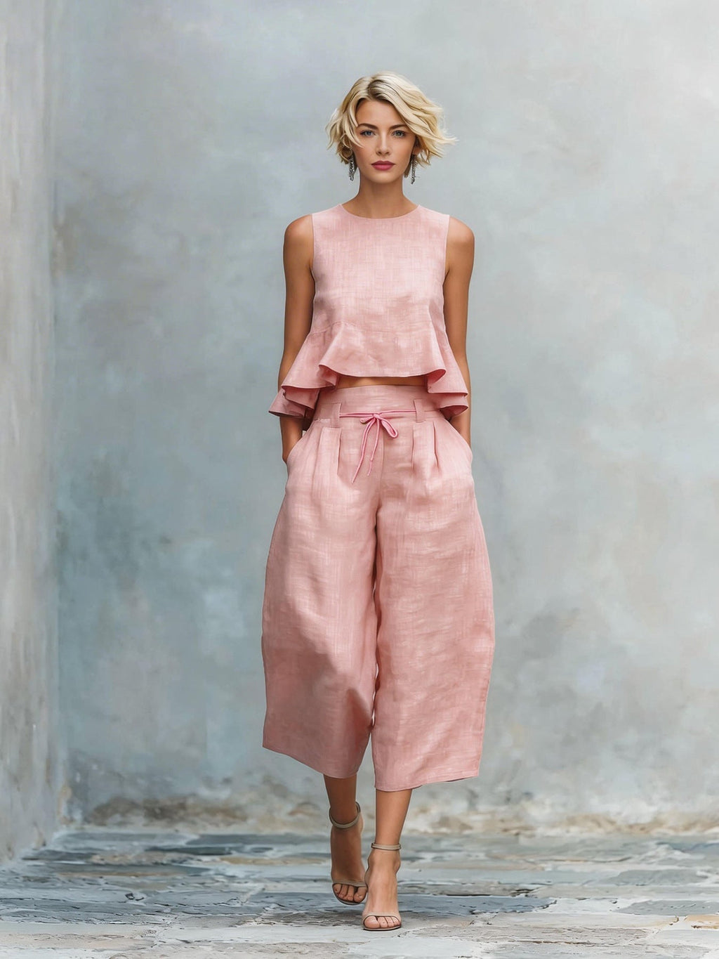 Women's linen-blend sleeveless two-piece set with ruffled detailing from Plush Fashion Hub, featuring a stylish top and matching skirt.