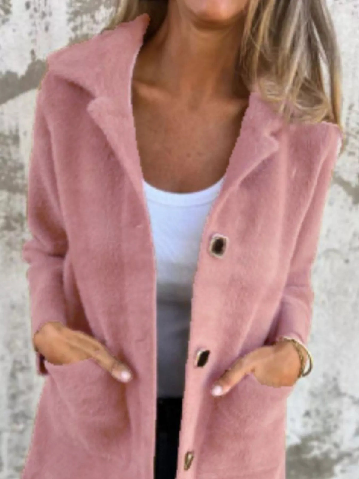 Plus size longline coat with button-down front and long sleeves, in a full-size button-down long sleeve coat by Simply Love.